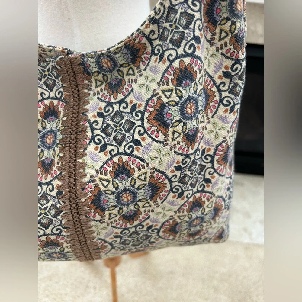 Sakroots Atlas Hobo Mosaic Cambria Print Hobo Bag with Brown Leather Straps